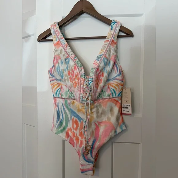 NWT Cosita Linda Sweet Sunset Beaded Plunge One Piece Swimsuit | Medium | Luxury - Picture 6 of 8